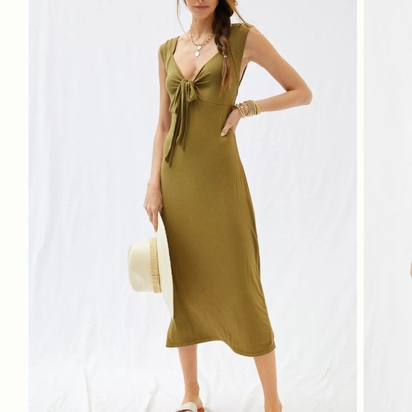 ANTHROPOLOGIE Tie-Front Midi Dress olive green - Picture 1 of 6